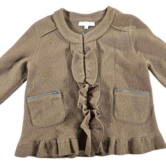 LOFT 100% Merino Wool Olive Ruffle Front Zip Jacket Cardigan Medium - Picture 2 of 9